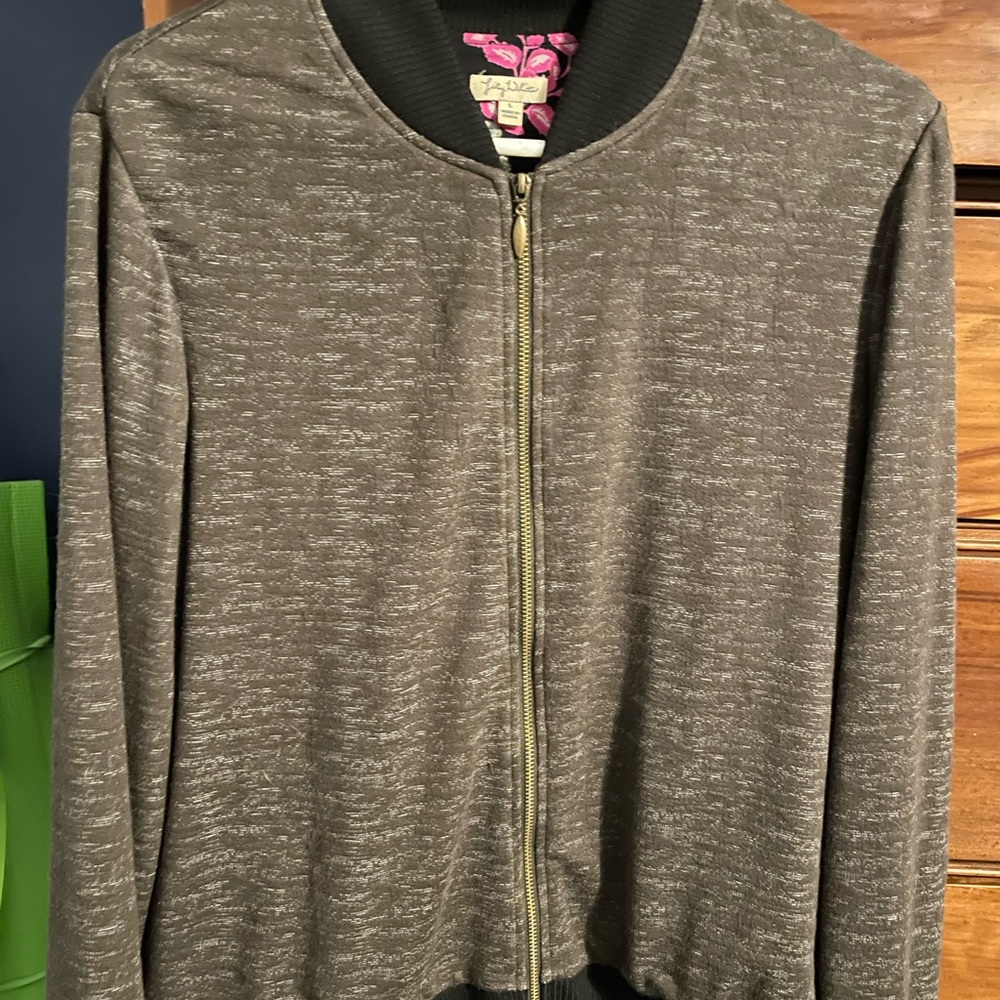 Lily White gray large jacket, rayon and polyester blend with front pockets.
